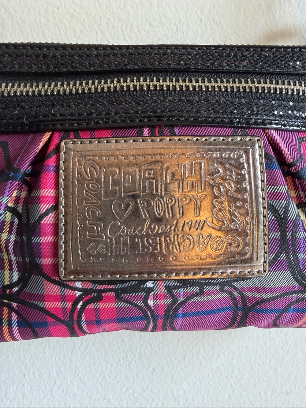 Coach Poppy Tartan Plaid Graffiti Wristlet Mini Bag Y2K Pink Purple - Picture 11 of 14